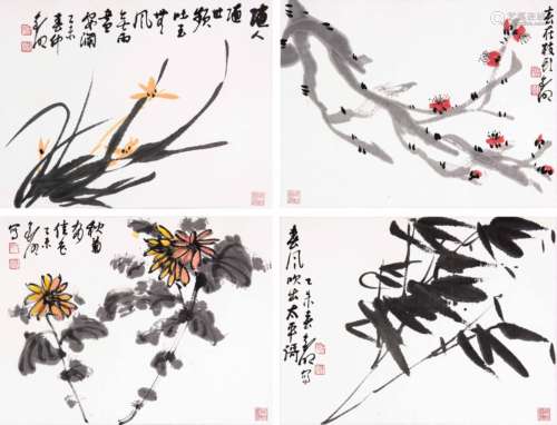 沈钦明 （b.1963） 四君子 设色纸本镜片