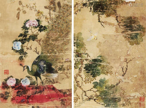 廖福之 （1644-1911） 工笔花鸟二帧 设色绢本托片