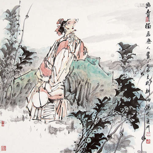 王新伦 （b.1956） 仕女 设色纸本镜框