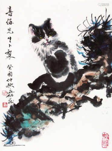 区丽庄 （1924-2015） 猫趣图1993年作 设色纸本镜框