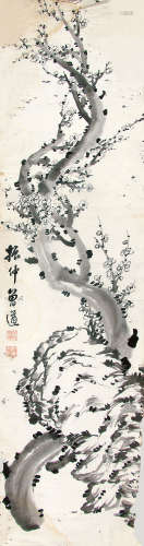 曾遒 （1868-1954）  墨梅 水墨纸本镜框