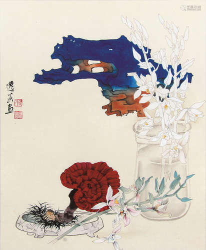 沈逸芸 （b.1987） 芝石长寿 设色纸本镜框