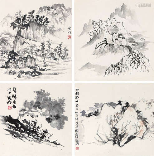 彭袭明 山水 （四幅） 镜心 水墨纸本