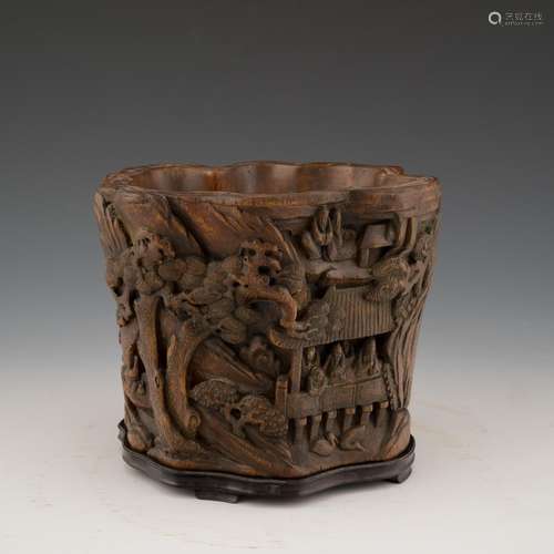 CARVED CHENXIANG WOOD BRUSH POT OF SAGES IN FOREST