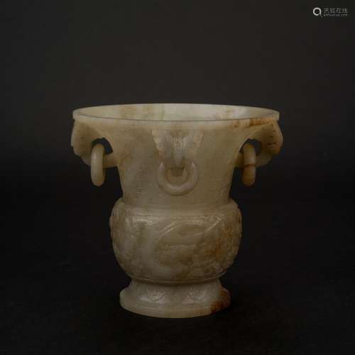 CARVED JADE ZUN VASE IN BUTTERFLY & DRAGON MOTIF