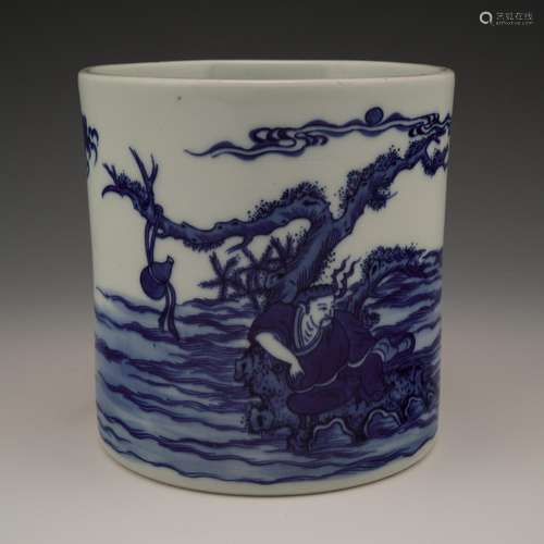 KANGXI BLUE AND WHITE CYLINDRICAL BRUSH POT