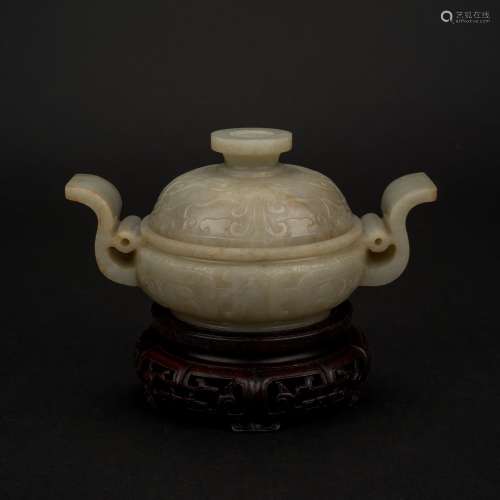 CHINESE ARCHAIC MOTIF JADE LIDDED CENSER ON STAND