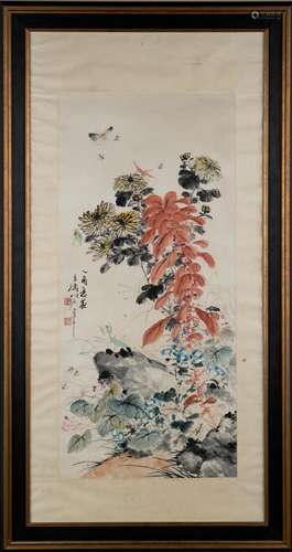 WANG XUETAO FRAMED WILDFLOWER & INSECTS PAINTING