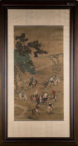 FRAMED JIN TINGBIAO HORSEMEN SILK PAINTING