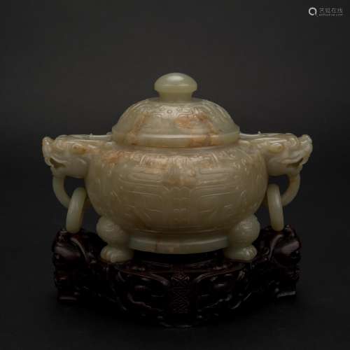 JADE TRIPOD CENSER IN TAOTIE RELIEF ON STAND