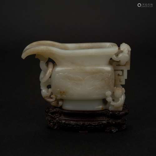 CHINESE JADE CARVED LIBATION CUP ON STAND