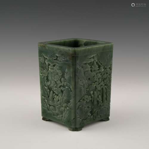 CARVED CHINESE GREEN JADE SQUARE BRUSH POT ON