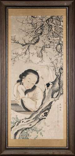 ca 1816, FRAMED GAI QI LADY & CHERRY BLOSSOM PAINTING