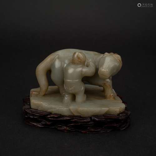 CHINESE JADE HORSE & MAN SCULPTURE ON STAND