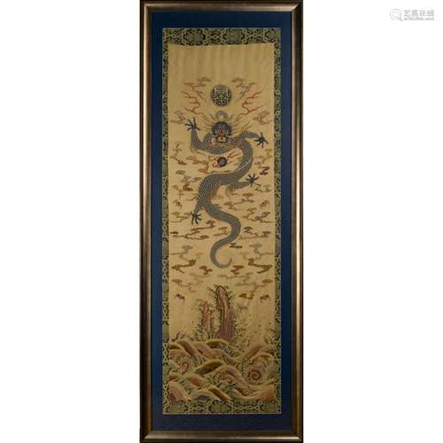 19TH C FRAMED QING BLUE DRAGON SILK KESI