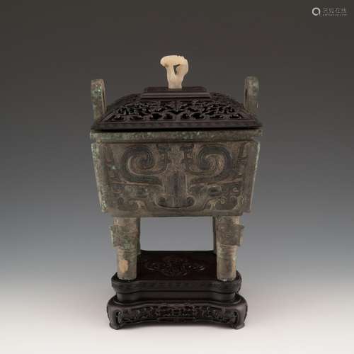 ANTIQUE BRONZE LIDDED CENSER WITH JADE FINIAL ON STAND