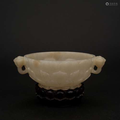 CHINESE JADE LOTUS MARRIAGE BOWL ON STAND