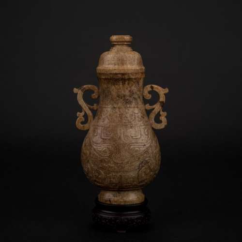 CHINESE JADE VASE IN ARCHAIC MOTIF ON STAND