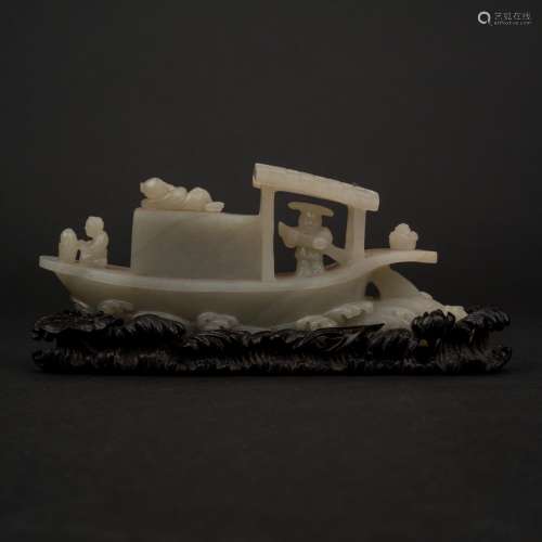 CHINESE CARVED JADE BOAT AND STAND