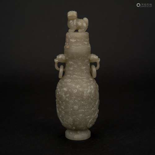 FU DOG MOTIF CARVED JADE LIDDED VASE