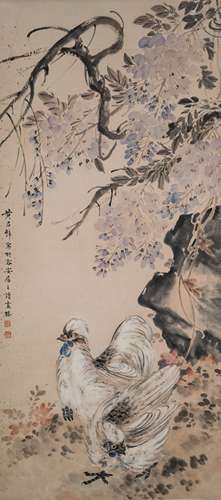 HUANG JUNBI HENS & WISTERIA SCROLL PAINTING