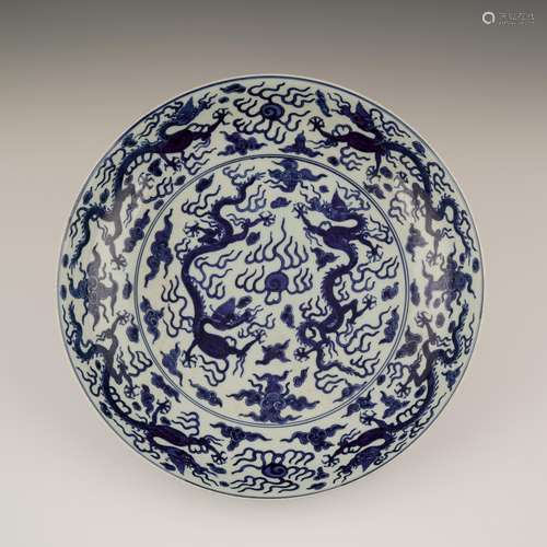 MING BLUE AND WHITE DRAGONS CHARGER