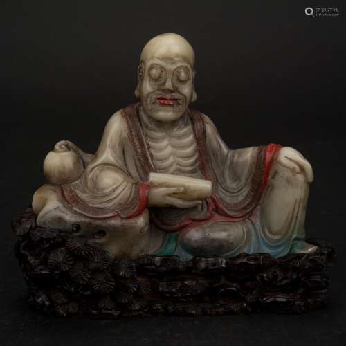 19TH C CARVED SHOUSHAN STONE OF SEATED LUOHAN