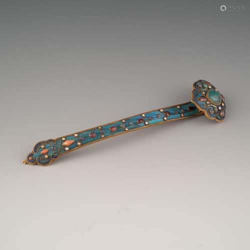 GILT SILVER FILIGREE KINGFISHER & STONES INLAID RUYI