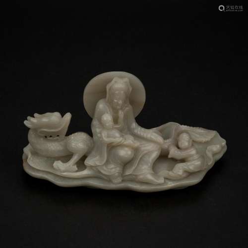 CARVED JADE GUANYIN RIDING DRAGON