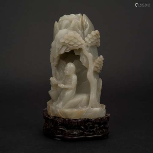 CARVED JADE DAMO IN GROTO ON STAND