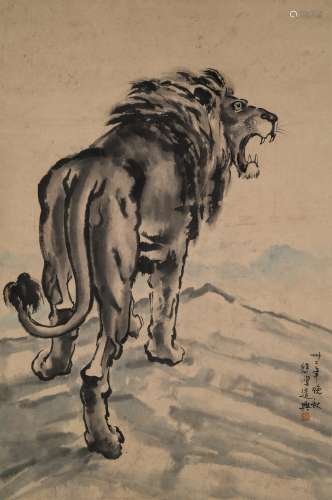 1943, XU BEIHONG LION SCROLL PAINTING