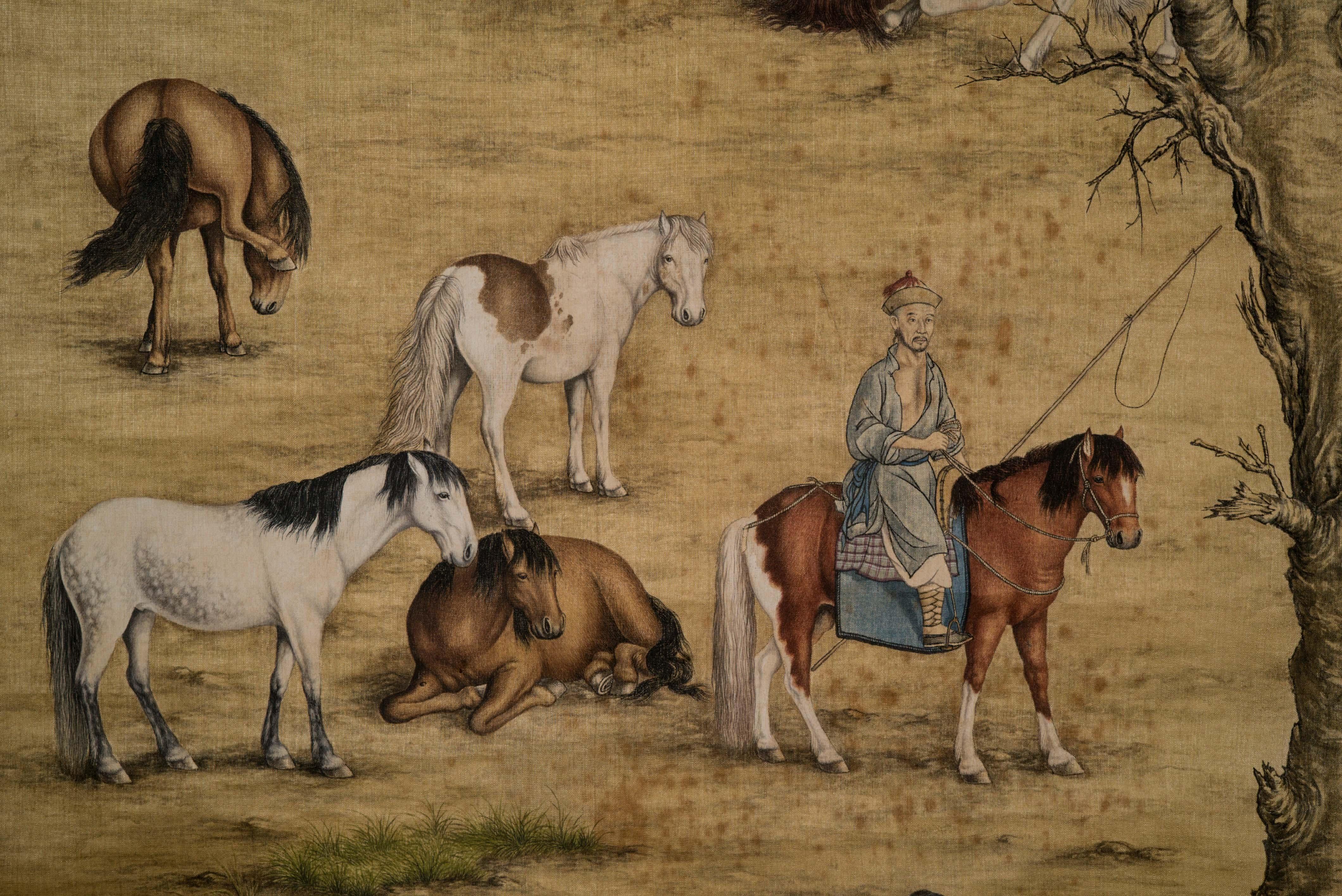 Details about   China Old Scroll Lang Shining's Steeds Horse Painting Slice 