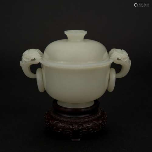 FINELY POLISHED JADE MARRIAGE LIDDED CENSER ON STAND