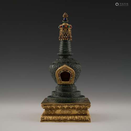 CHINESE GREEN JADE AND GILT BRONZE INLAID STUPA