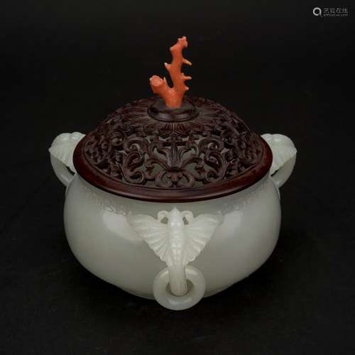 WOODEN COVERED JADE CENSER WITH RED CORAL FINIAL