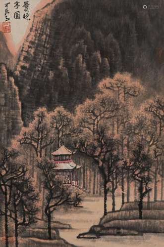 LI KERAN DUSK AT AUTUMN FOREST SCROLL PAINTING