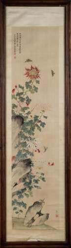 1927, FRAMED PAN JINGSHU & WU HUFAN FLOWER PAINTING
