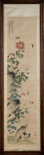 1927, FRAMED PAN JINGSHU & WU HUFAN FLOWER PAINTING