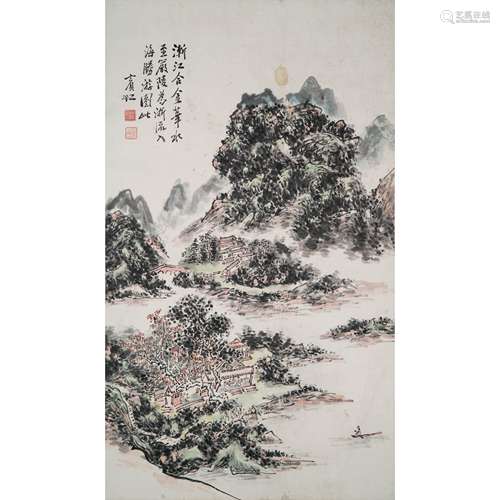 HUANG BINHONG WATERSIDE VILLAGE SCROLL PAINTING