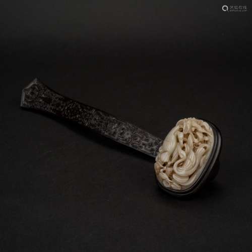 CARVED JADE AND HARDWOOD RUYI SCEPTER