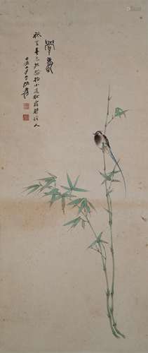 1952, ZHANG DAQIAN BIRD & BAMBOO SCROLL PAINTING