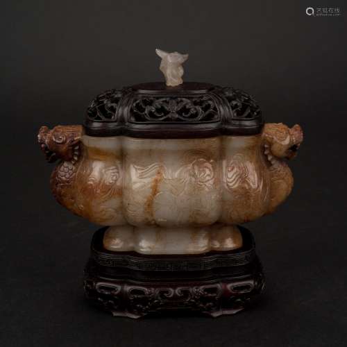 GRAYISH-BROWN JADE FLORI-FORM LIDDED CENSER ON STAND