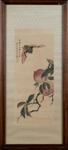 1950, FRAMED SONG MEILING BAT & PEACH PAINTING