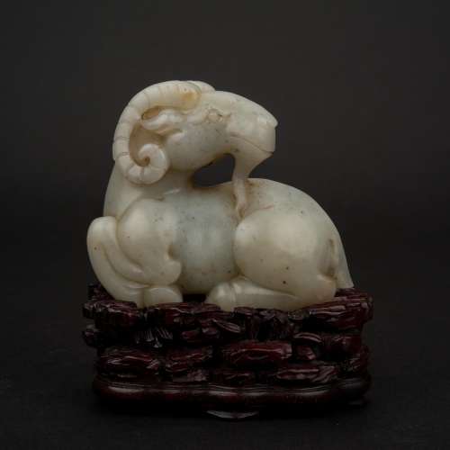 CHINESE JADE SCULPTURE OF RAM ON STAND