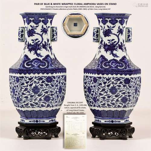 PAIR OF BLUE & WHITE WRAPPED FLORAL AMPHORA VASES ON