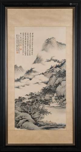 1945, FRAMED WU HUFAN WATERSIDE LANDSCAPE PAINTING