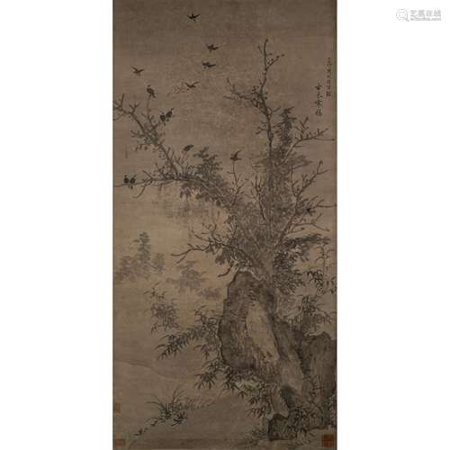 15TH C MING DYNASTY, ZHOU WENJING CROW SCROLL PAINTING