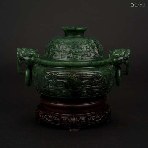 SPINACH-GREEN JADE COVERED CENSER ON STAND