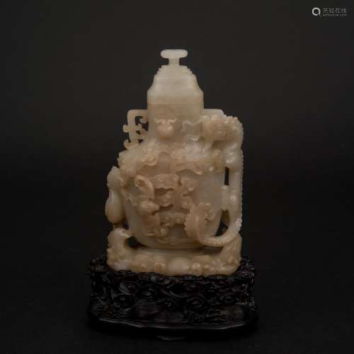 CHINESE JADE COVERED URN WITH BIRDS MOTIF