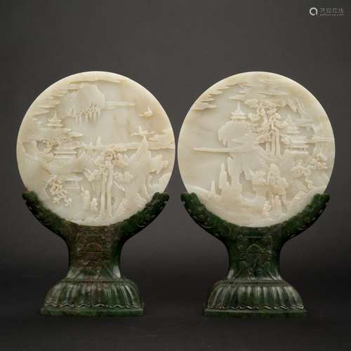 18/19TH C PAIR OF WHITE JADE PANORAMIC TABLE SCREENS